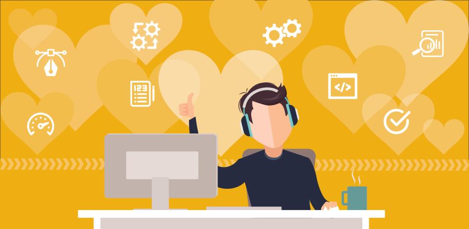 Man loving learning Man sitting in front of computer giving thumbs up